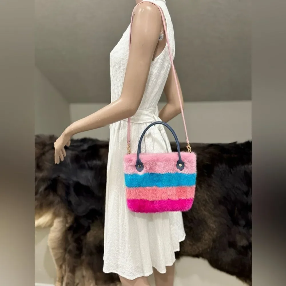 Colorful Striped Handmade Real Mink Fur Mini Tote/Crossbody & Pony Bag Charm